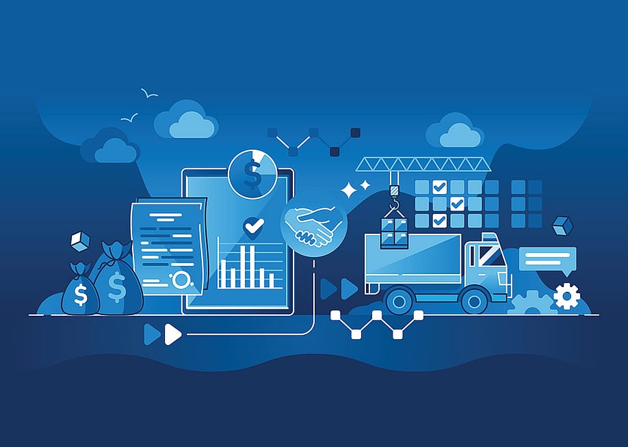 Vector illustration of procurement and product supply concept such as trucks, finance reports, files. — VectorMine // Shutterstock