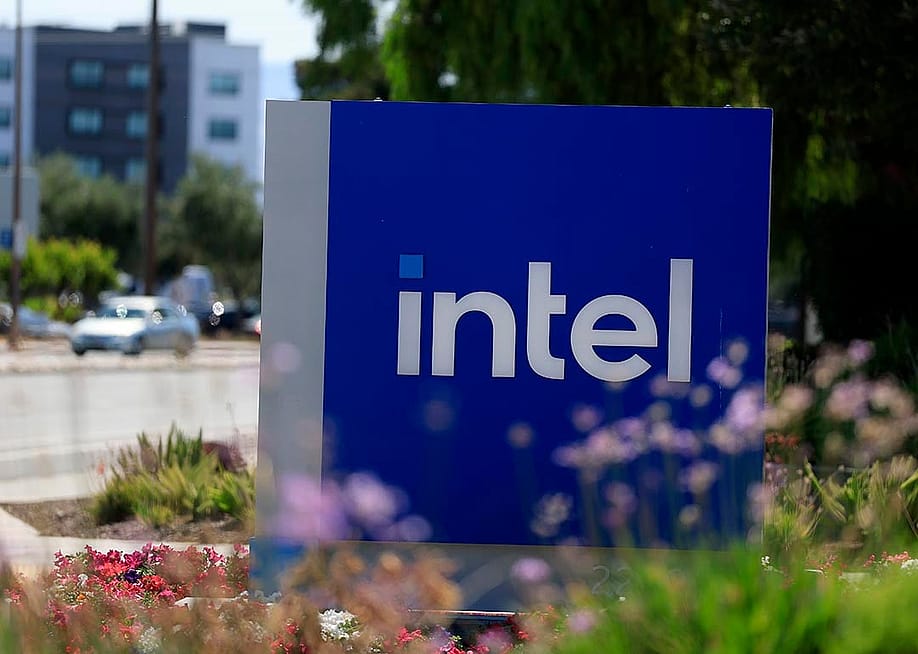 The blue Intel logo is displayed on a sign in front of Intel headquarters on July 16, 2025 in Santa Clara, California. — Justin Sullivan // Getty Images