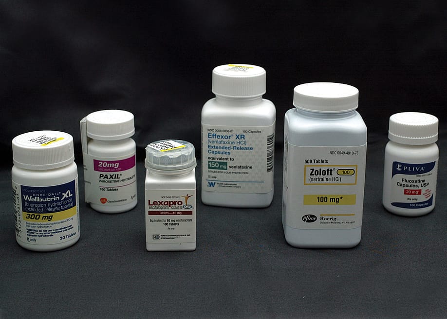 Bottles of antidepressant pills. From left to right: Wellbutrin, Paxil, Lexapro, Effexor, Zoloft, and Fluoxetine. — Joe Raedle // Getty Images