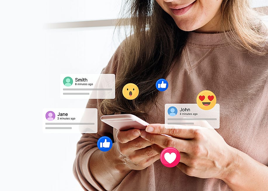 A young woman on her phone illustrated with social media icons and graphics. — Rawpixel.com // Shutterstock