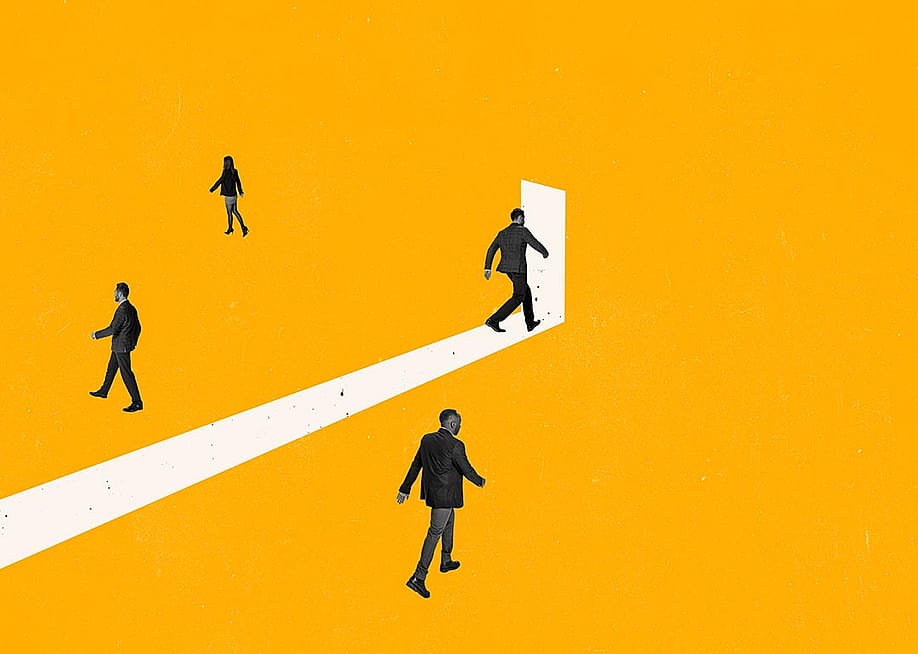 Concept of truth telling illustrated by leader in business suit walking toward the light in a doorway while other people are wandering lost. — Anton Vierietin // Shutterstock