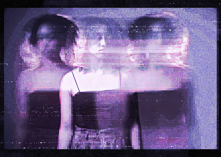 A custom graphic of a young woman illustrated with purple glitching effects. — Emily Scherer for The 19th