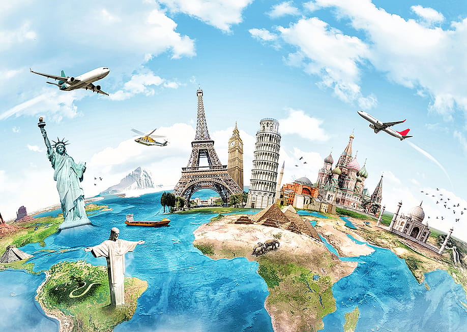 Illustration of the globe with the top tourist spots as a concept of traveling around the world. — EFKS // Shutterstock
