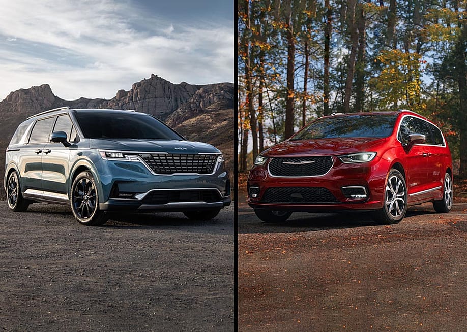 Composite image of 2024 minivans with blue Kia Carnival on the left and Red Chrysler Pacifica on the right, parked outside in nature. — Kia, Stellantis