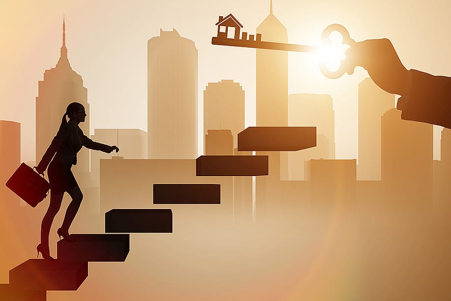 Illustration of a businesswoman walking up stairs to reach a figure of a house key. — Elnur // Shutterstock