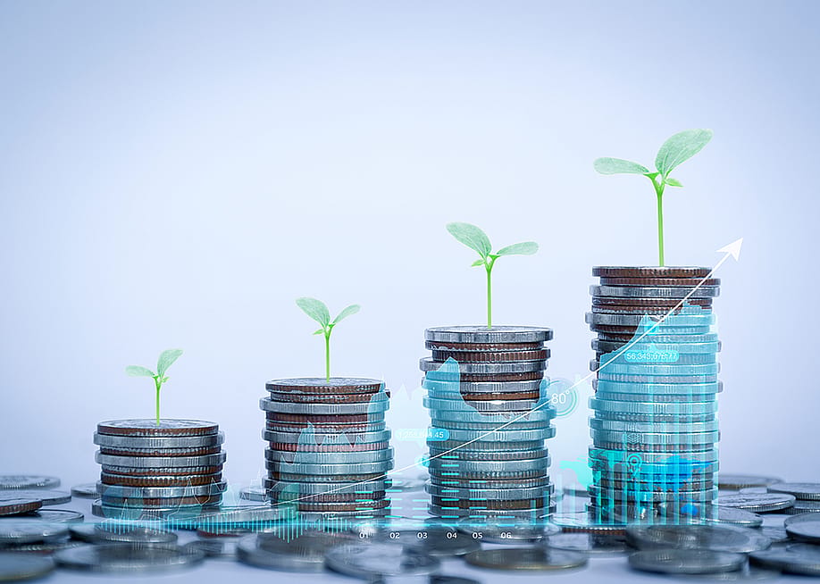 Row of coins illustrated with growing plants and finance charts. — LALAKA // Shutterstock