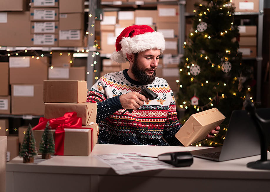 A warehouse worker in a Christmas outfit scanning barcodes on boxes during Christmas peak season. — Lysenko Andrii // Shutterstock