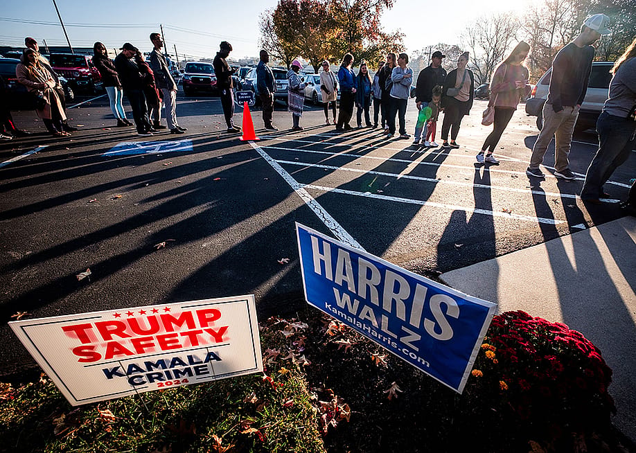 A long line of voters waits to vote during the 2024 U.S. Election at the Harrisburg First Assembly of God polling place in Harrisburg, Pennsylvania. — John Lazenby // UCG / Universal Images Group via Getty Images