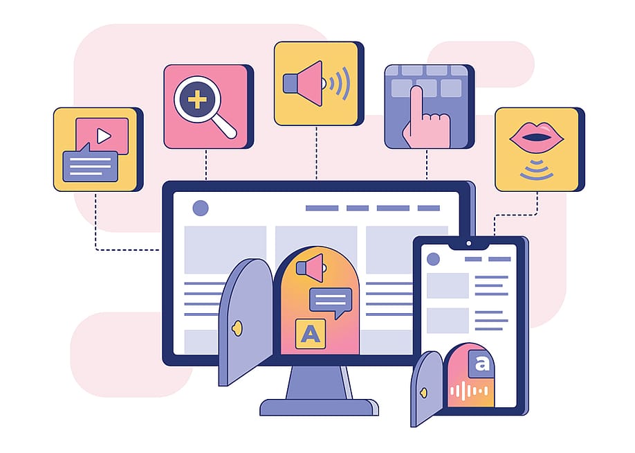 Vector illustration depicting digital accessibility with monitors showing various accessibility services or functions from a computer. — graphicwithart // Shutterstock