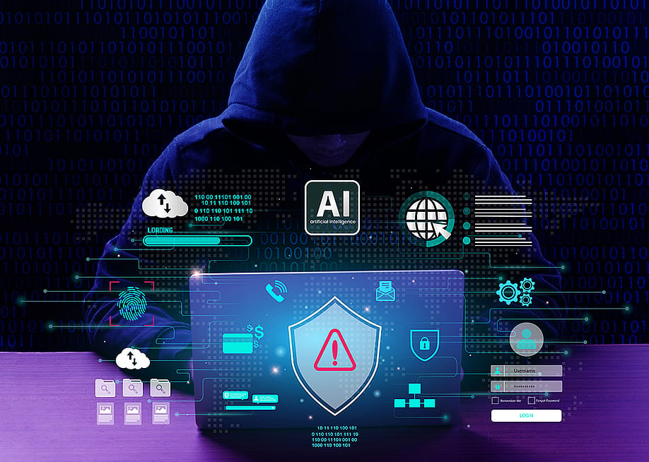 Anonymous person in a hoodie using a laptop illustrated with cyber security and AI technology warning graphics. — BOY ANTHONY // Shutterstock