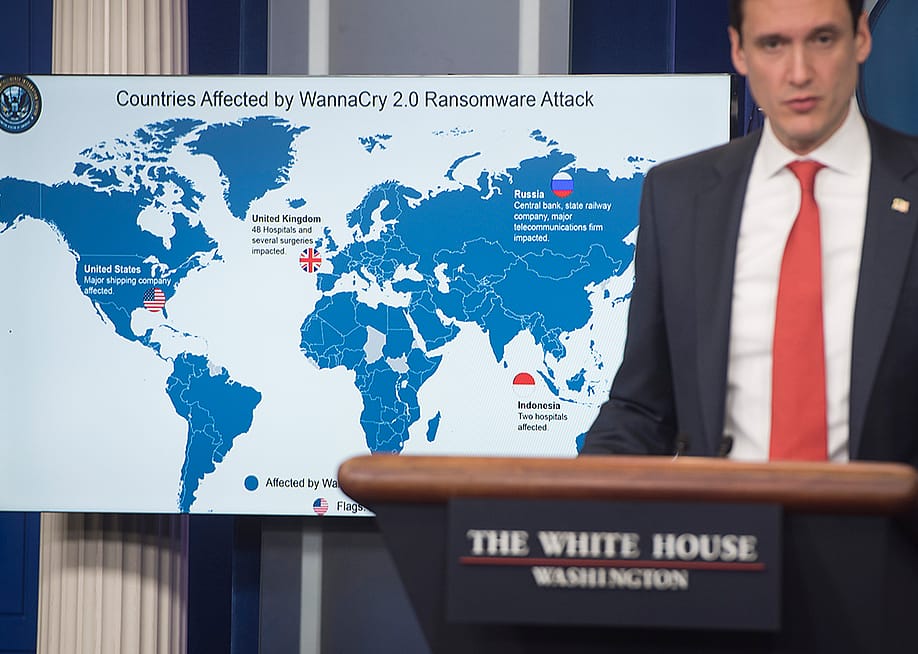 United States Homeland Security Advisor, Tom Bossert, presents a briefing on WannaCry virus which the US believes to be a cyber attack by North Korea. — SAUL LOEB // AFP via Getty Images