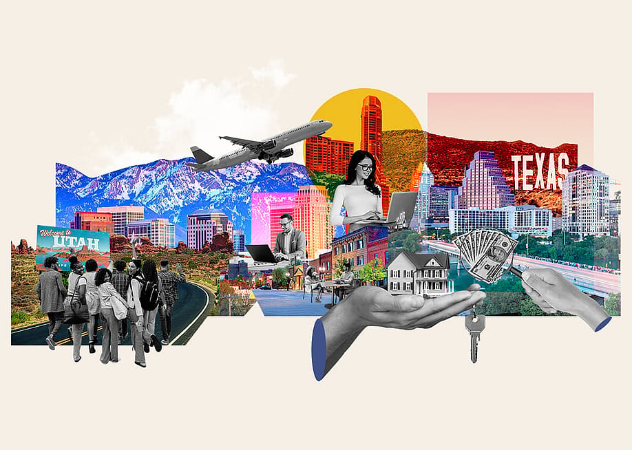 Collage graphic featuring famous landmarks of some of the top US cities and depict a youthful lifestyle and population. — moveBuddha