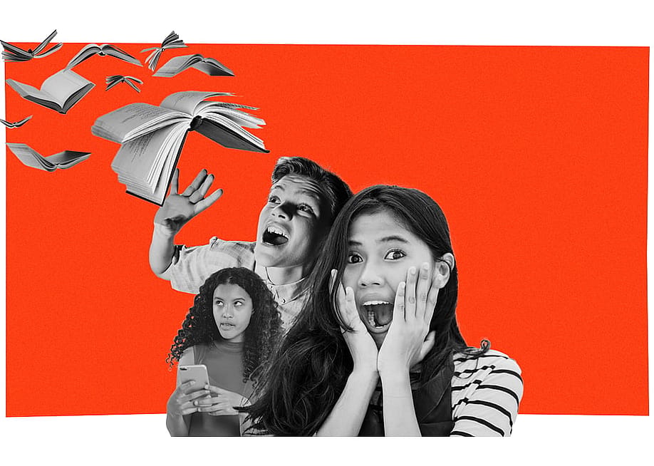 Collage of curious and surprised children and books in black and white over a red background. — Eamonn Fitzmaurice // The 74