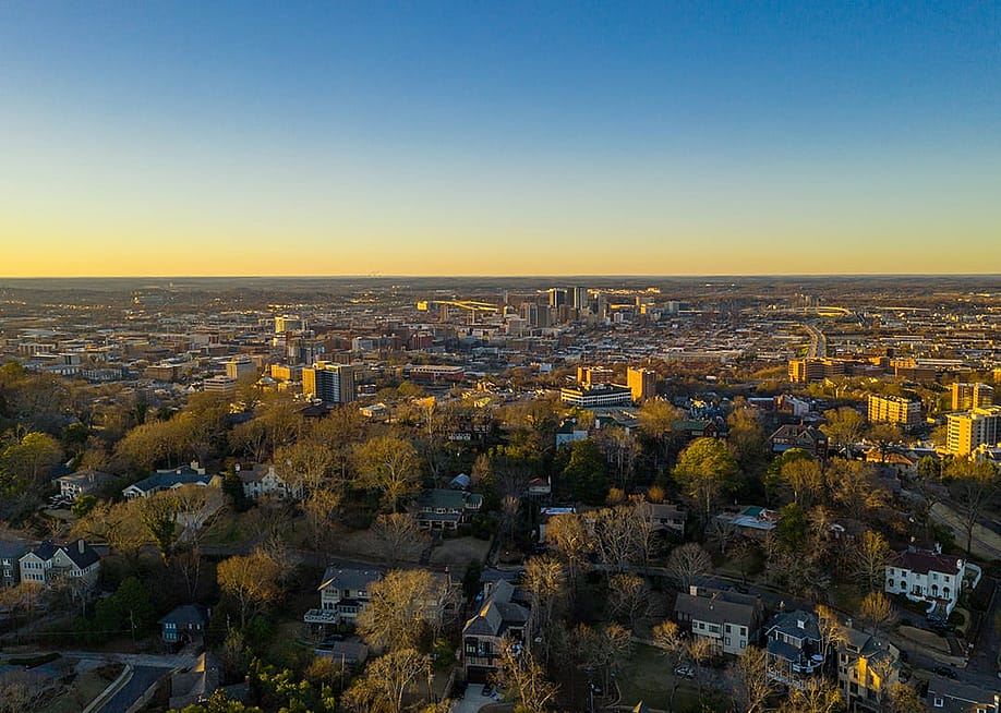 Aerial view of downtown Birmingham in Alabama during sunset. — Felix Mizioznikov // Shutterstock