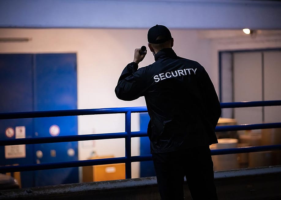 A person standing on a loading ramp outdoors at night wearing dark clothes with the word "SECURITY" displayed on the back of a shirt shines a flashlight toward a white wall with blue doors. — Andrey_Popov // Shutterstock