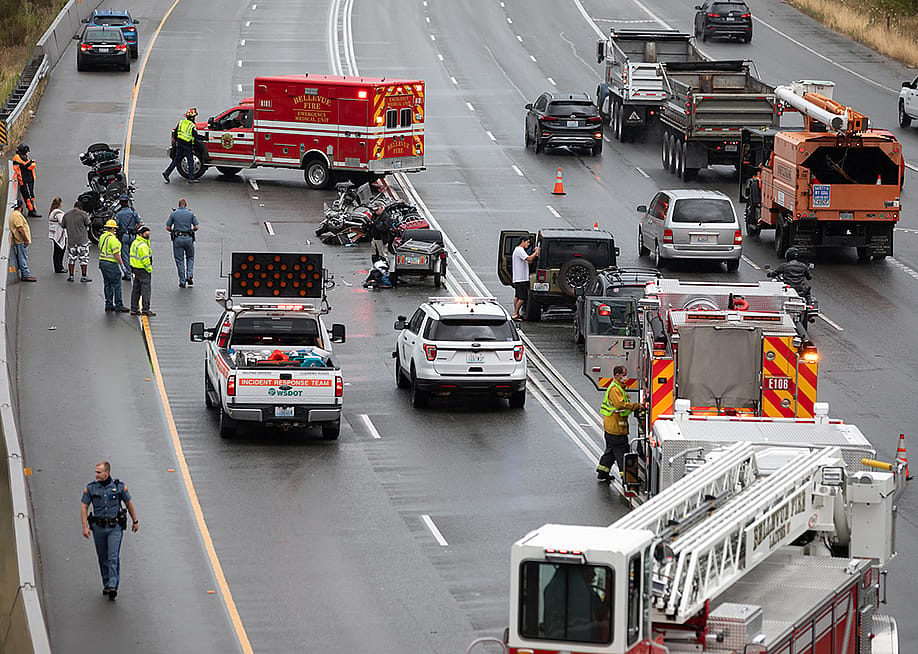 A motorcycle accident on Interstate 405 in Kirkland, Washington. — VDB Photos // Shutterstock
