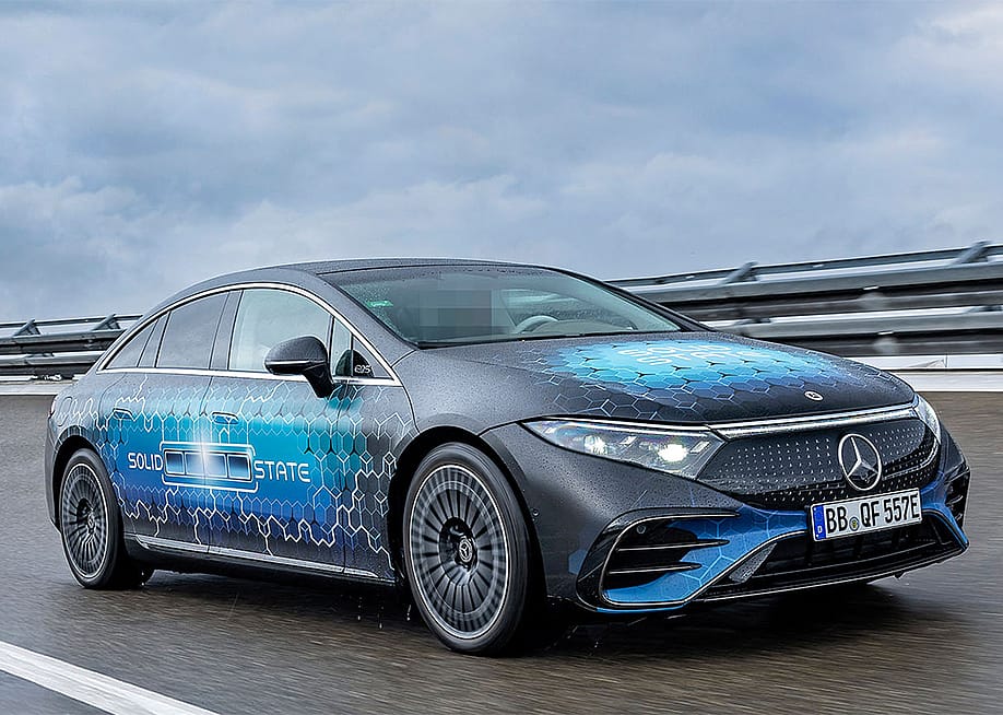 An EV designed with solid-state decal on a road. — Mercedes-Benz Group
