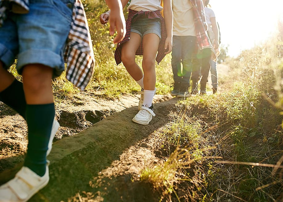 Close up of young campers' legs as they hike downhill in a forest path. — Master1305 // Shutterstock