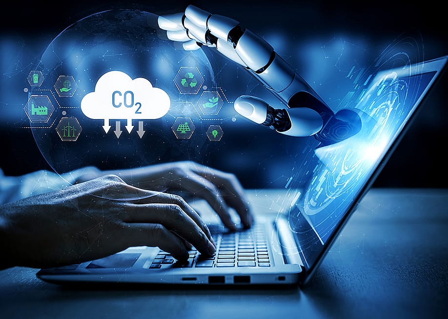 An illustration depicting someone working on computer and using energy resources with AI, with icons symbolizing carbon footprint superimposed. — Summit Art Creations // Shutterstock