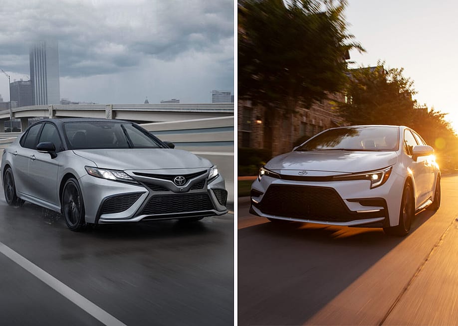 Composite photo front end view of 2024 Camry on the left and Corolla on the right. — Toyota