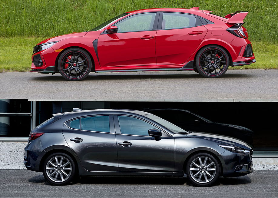 Composite photo of red civic above and black mazda 3 below, both from 2017. — Honda, Mazda USA