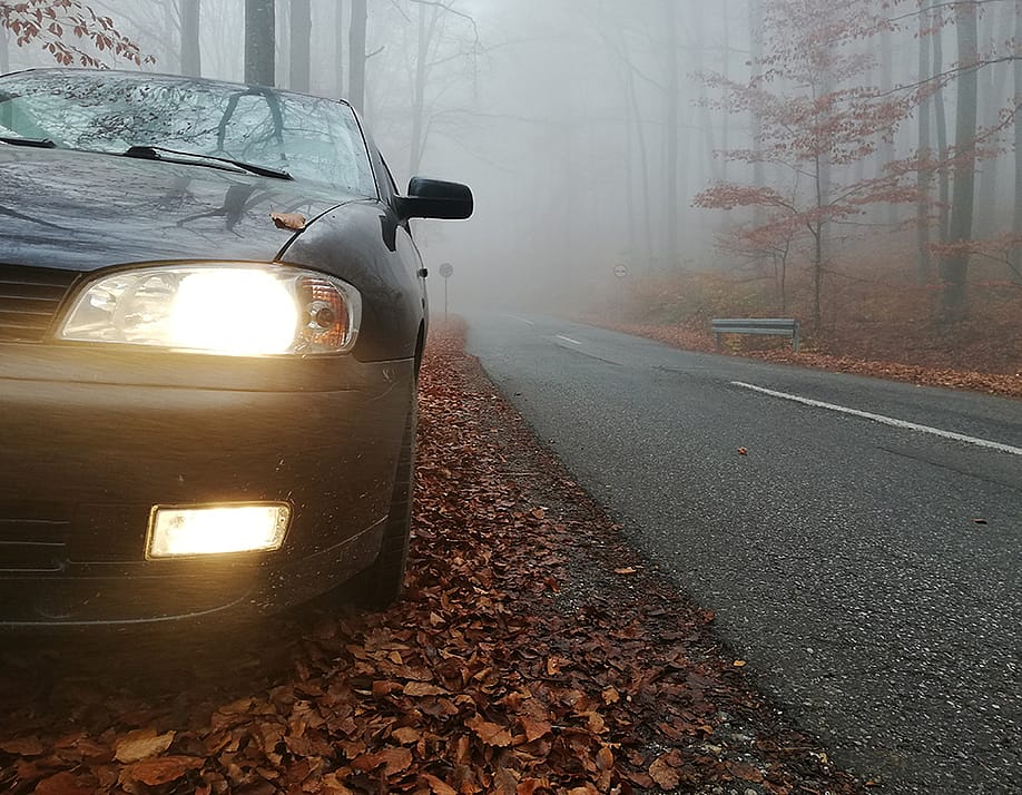 A close up on a car's headlights with fog light along a forest roadside during autumn. — Milje Ivan // Shutterstock