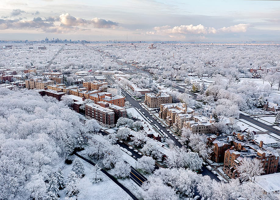 Aerial view of Detroit's Palmer Park neighborhood covered in snow. — Mark Houston Photography // Shutterstock