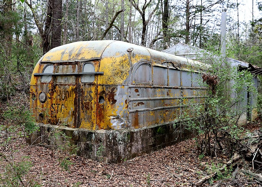 An old, rusty school bus repurposed as an attachment to a shed in the woods. — RWphoto7711 // Shutterstock