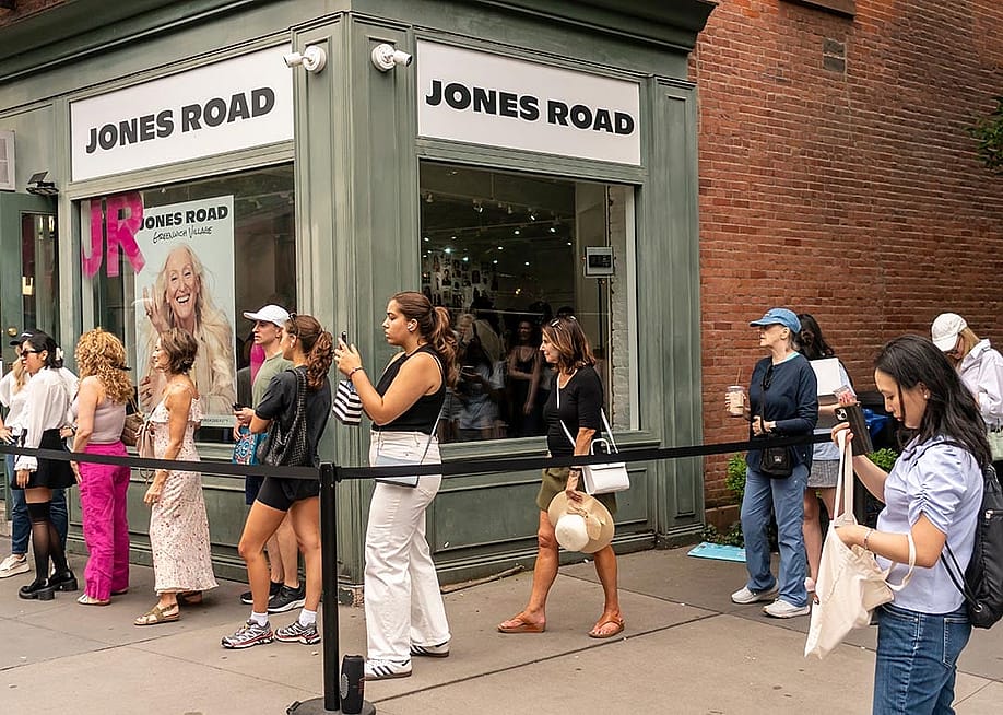 Customers waiting to go in at the grand opening of the Jones Road brand cosmetics store in Greenwich Village in New York. — rblfmr // Shutterstock