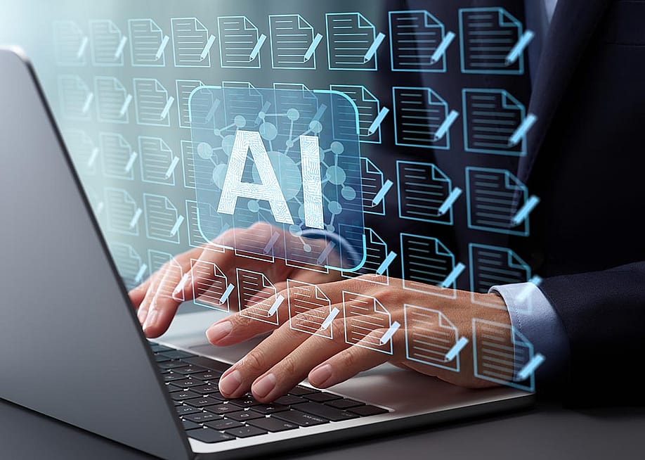 Generative AI artificial intelligence generate text document and abstract papers as symbolized by person typing on laptop icons of many docs covering the image. — tadamichi // Shutterstock