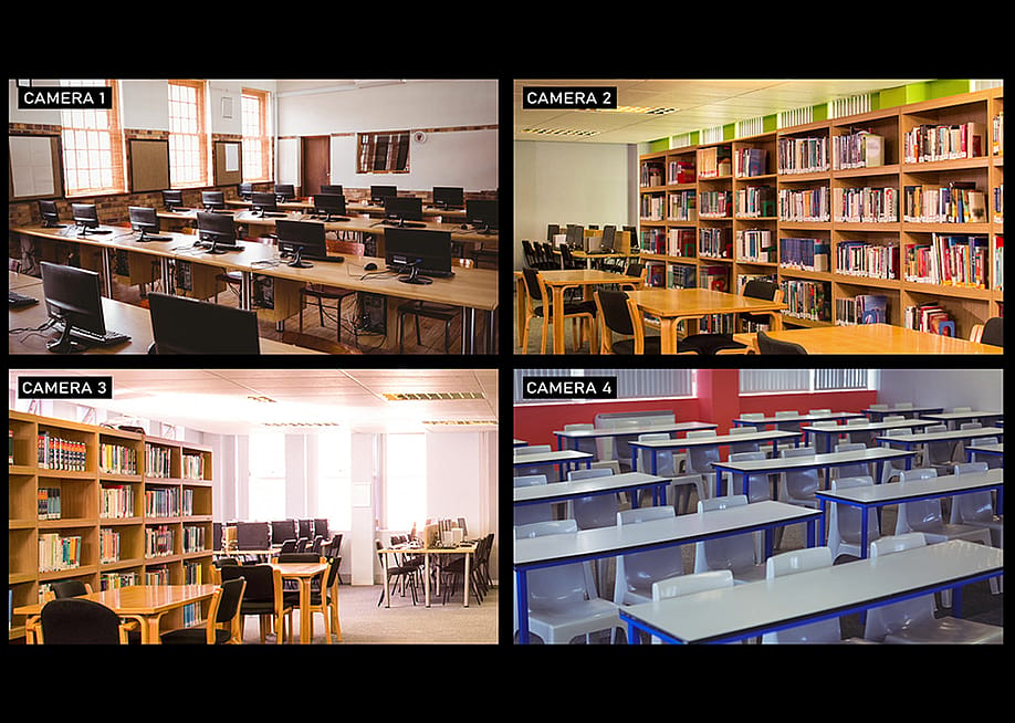 A composite view of security cameras surveilling four different areas of a school including classrooms. — vectorfusionart // Shutterstock