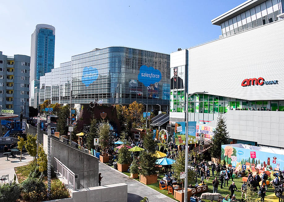 An outdoor view of Salesforce's 2019 Dreamforce Conference at the Moscone Center in San Francisco, California. — Suzette Leg Anthony // Shutterstock