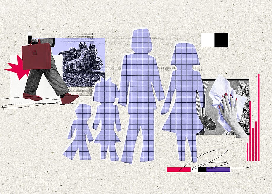 A collage of cutouts and graphics of a traditional four-member family. — Emily Scherer for The 19th