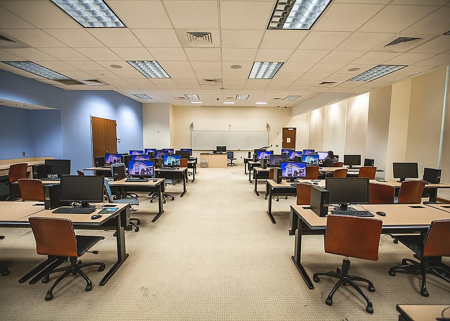 A classroom equipped with computers inside Spring Hill College's Library Building in Mobile, Alabama. — Tiago Pestana // Shutterstock