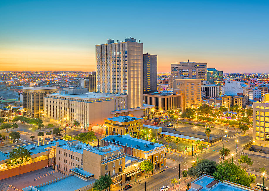 Aerial view of downtown El Paso in Texas at dusk. — Sean Pavone // Shutterstock