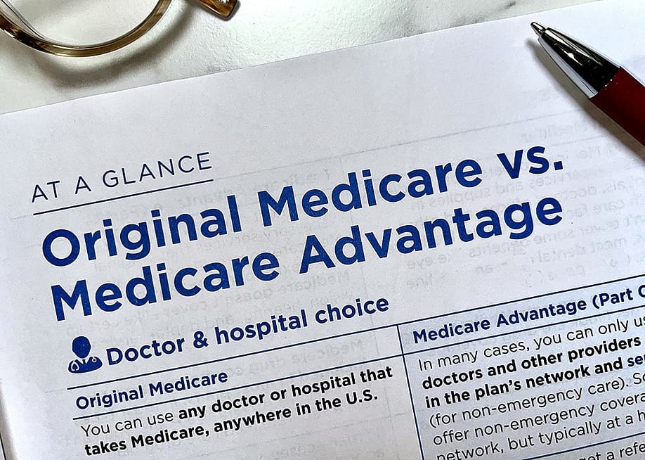 A page headlined 'Original Medicare vs. Medicare Advantage' from a Medicare guidebook. — Pamela Brick // Shutterstock
