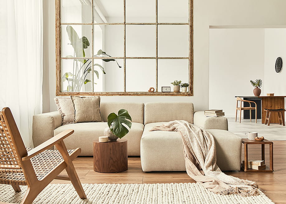 Interior of a modern living room with a modular sofa, decorated with beige and wooden motifs. — Followtheflow // Shutterstock