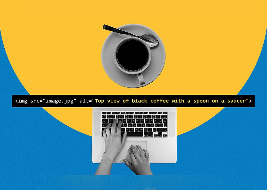 A graphic illustrating typing alt text for search engine optimization. — Collagery // Shutterstock