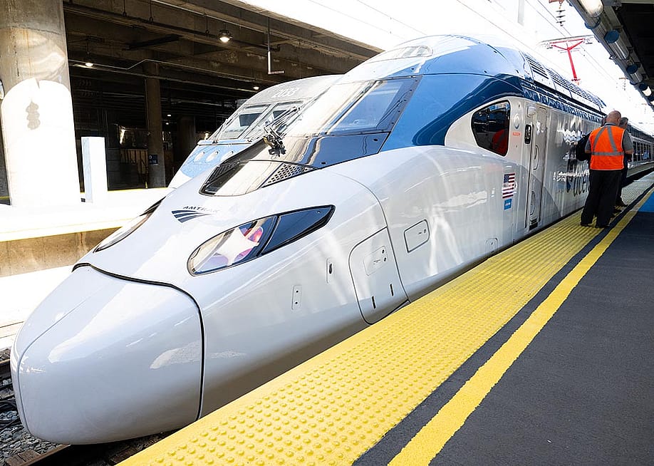 An Amtrak NextGen Acela, an all-new high speed train with a top speed of 160mph that will run between Washington, DC, and Boston, is seen at Union Station in Washington, DC, August 27, 2025. — SAUL LOEB // AFP via Getty Images