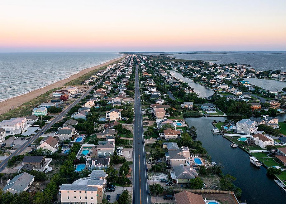 Aerial View looking south of the Sandbridge area of Virginia Beach at Sunset. — Kyle J Little // Shutterstock