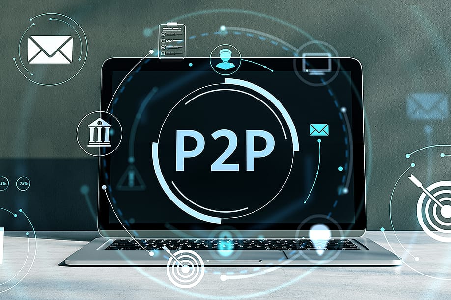 A laptop displaying the word 'P2P', illustrated with technology graphics. — Who is Danny // Shutterstock