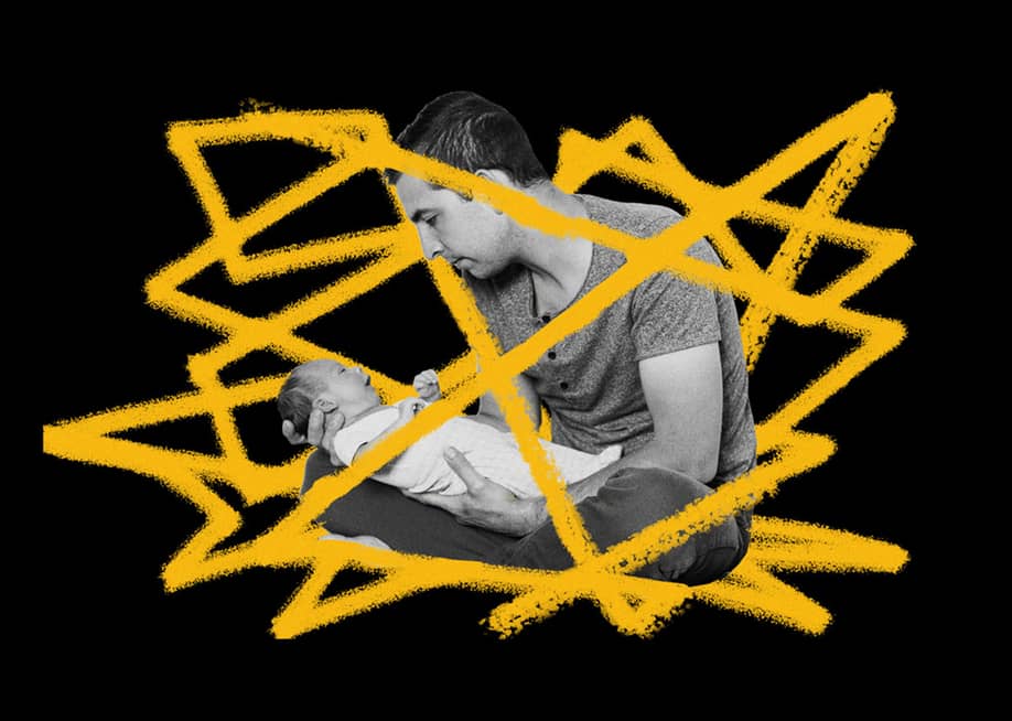 A custom graphic of a father holding his newborn baby illustrated with tangled lines. — Eamonn Fitzmaurice // The 74; Getty Images