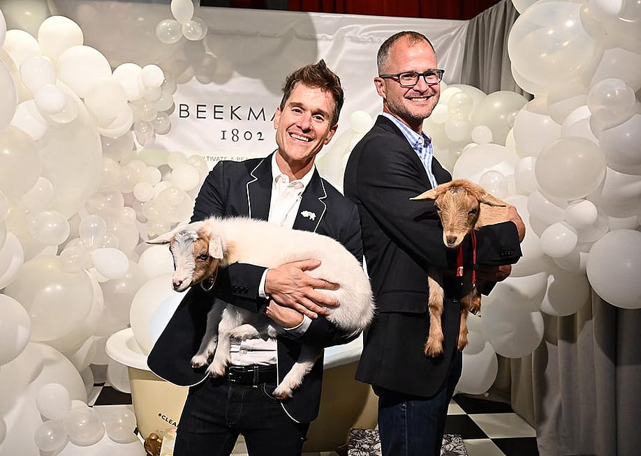 Dr. Brent Ridge and Josh Kilmer-Purcell of Beekman 1802 pose for a photo with Beekman goats as QVC presents Beauty Bash at The Fillmore Philadelphia on June 08, 2019 in Philadelphia, Pennsylvania. — Astrid Stawiarz // Getty Images for QVC