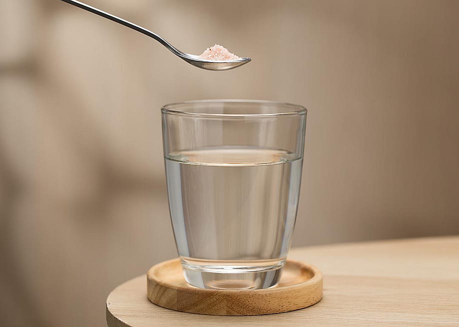A spoon of Himalayan salt held above a glass of drinking water, highlighting its potential health benefits. — Emily frost // Shutterstock