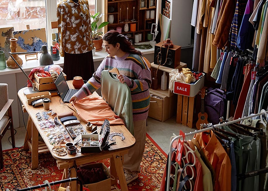 High-angle shot of sales assistant working at checkout desk cluttered with fashion accessories at second hand shop with retro style carpet selling clothes and household goods. — SeventyFour // Shutterstock