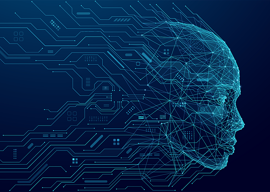 Concept of AI illustrated by abstract human head consisting of connected dots, lines, and polygons flows into the wires of a circuit. The silhouette of a cyborg in low poly blue. — AntonKhrupinArt // Shutterstock