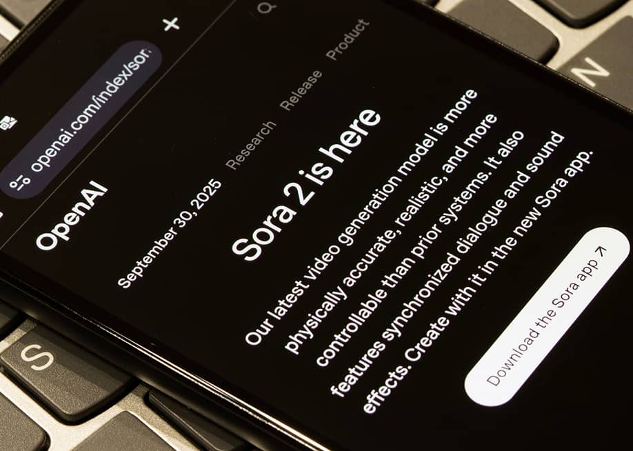 The OpenAI website displaying 'Sora 2 is here'. — Tada Images // Shutterstock