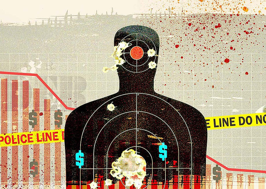 A custom illustration of a shooting target dummy with 'do not cross' police line, crime scene graphics. — Knowable Magazine