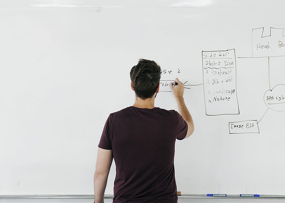 Man writing business planning strategy charts on a wide whiteboard. — Rawpixel.com // Shutterstock
