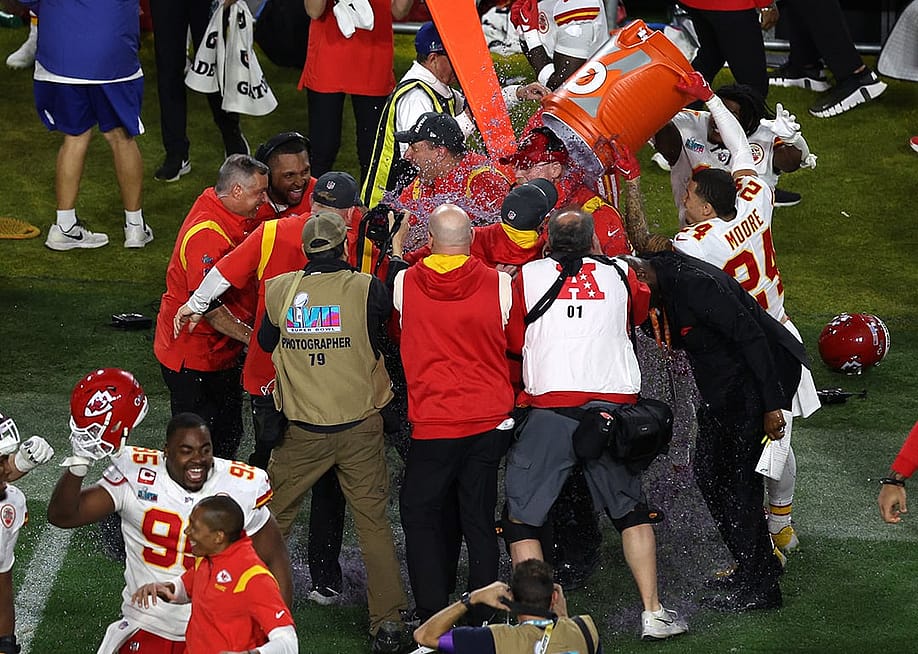 Kansas City Chiefs celebrate after defeating the Philadelphia Eagles 38-35 to win Super Bowl LVII at State Farm Stadium on February 12, 2023 in Glendale, Arizona. — Rob Carr // Getty Images